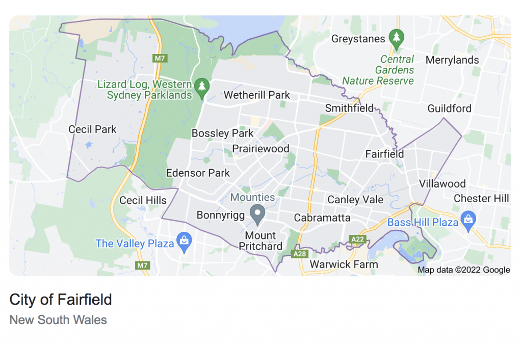 City of Fairfield Region map and only some of the suburbs shown